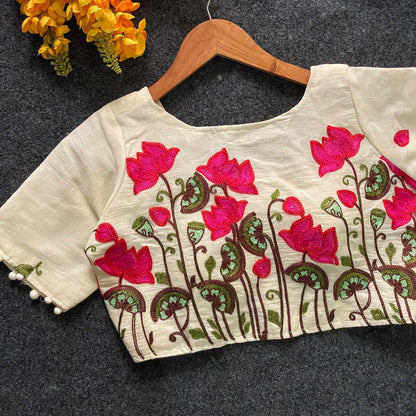 Pure Khadi Cotton Partywear Blouse Heavy Stitching Heavy Padded With Beautiful Works, Sleeves Front Open Style