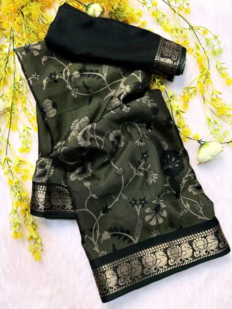 Soft Black Dola Silk Saree | Pen Kalamkari Design | Two-Tone Silk & Zari Hamsa Border (M1009)