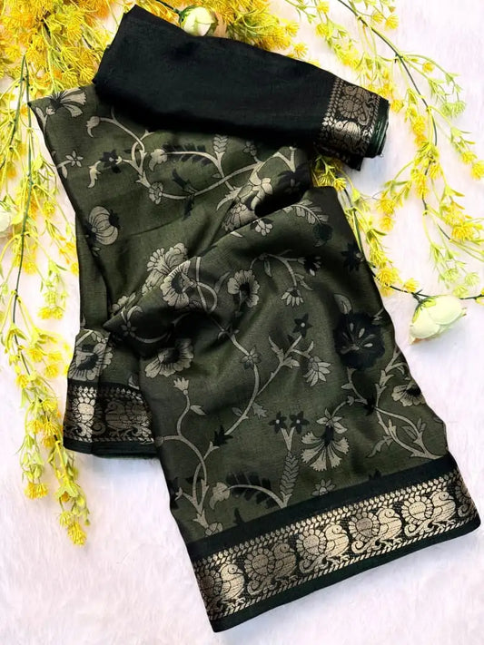 Soft Black Dola Silk Saree | Pen Kalamkari Design | Two-Tone Silk & Zari Hamsa Border (M1009)