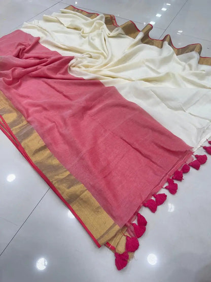 Half & Half South Mul Cotton Saree with Pom-Pom Border | Pure Mul Cotton