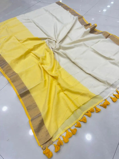 Half & Half South Mul Cotton Saree with Pom-Pom Border | Pure Mul Cotton