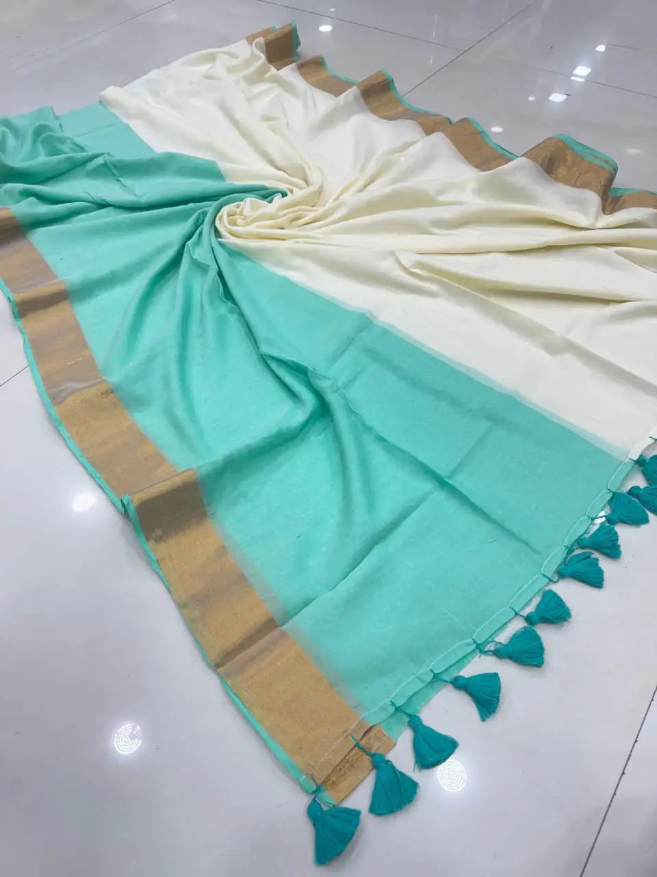 Half & Half South Mul Cotton Saree with Pom-Pom Border | Pure Mul Cotton