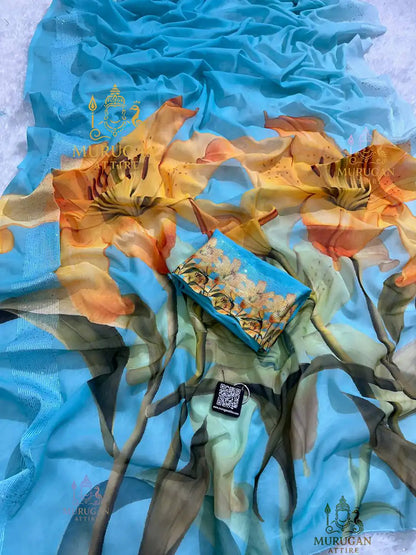 A91 Georgette Silk Digital Printed Saree with Crochet Work Border & Matching Blouse