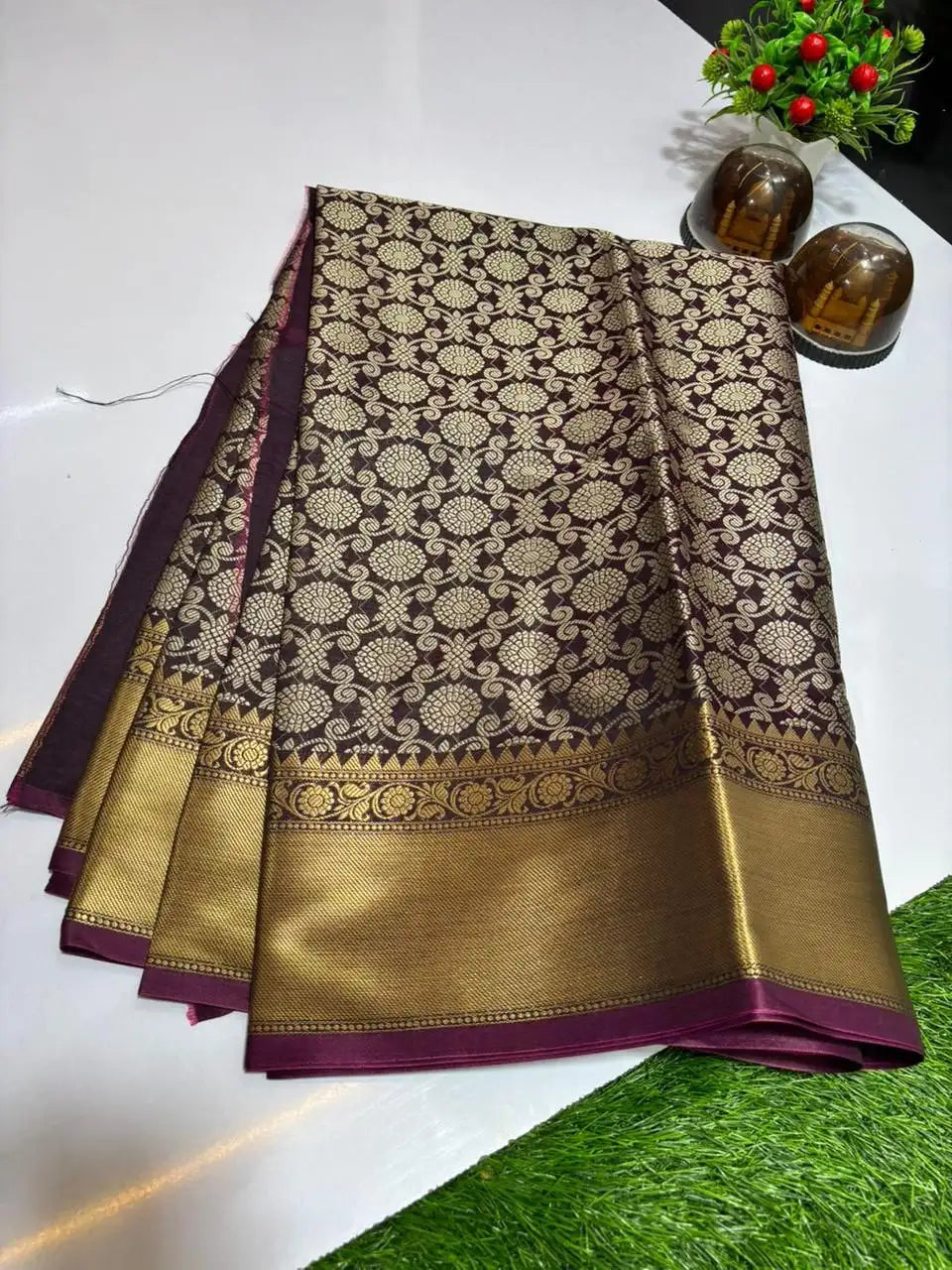 Wine Banarasi silk saree with matching brocade blouse piece
