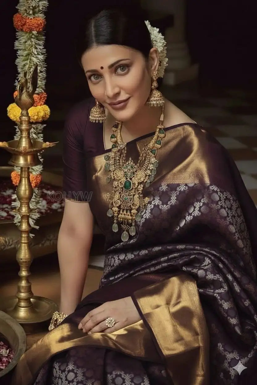 Wine Banarasi Katan silk saree with pure zari border and all-over zari woven design