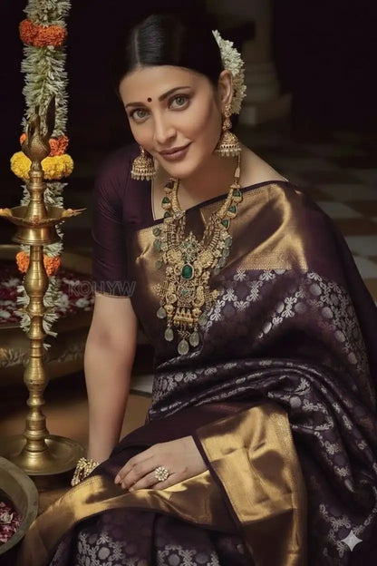 Wine Banarasi Katan silk saree with pure zari border and all-over zari woven design