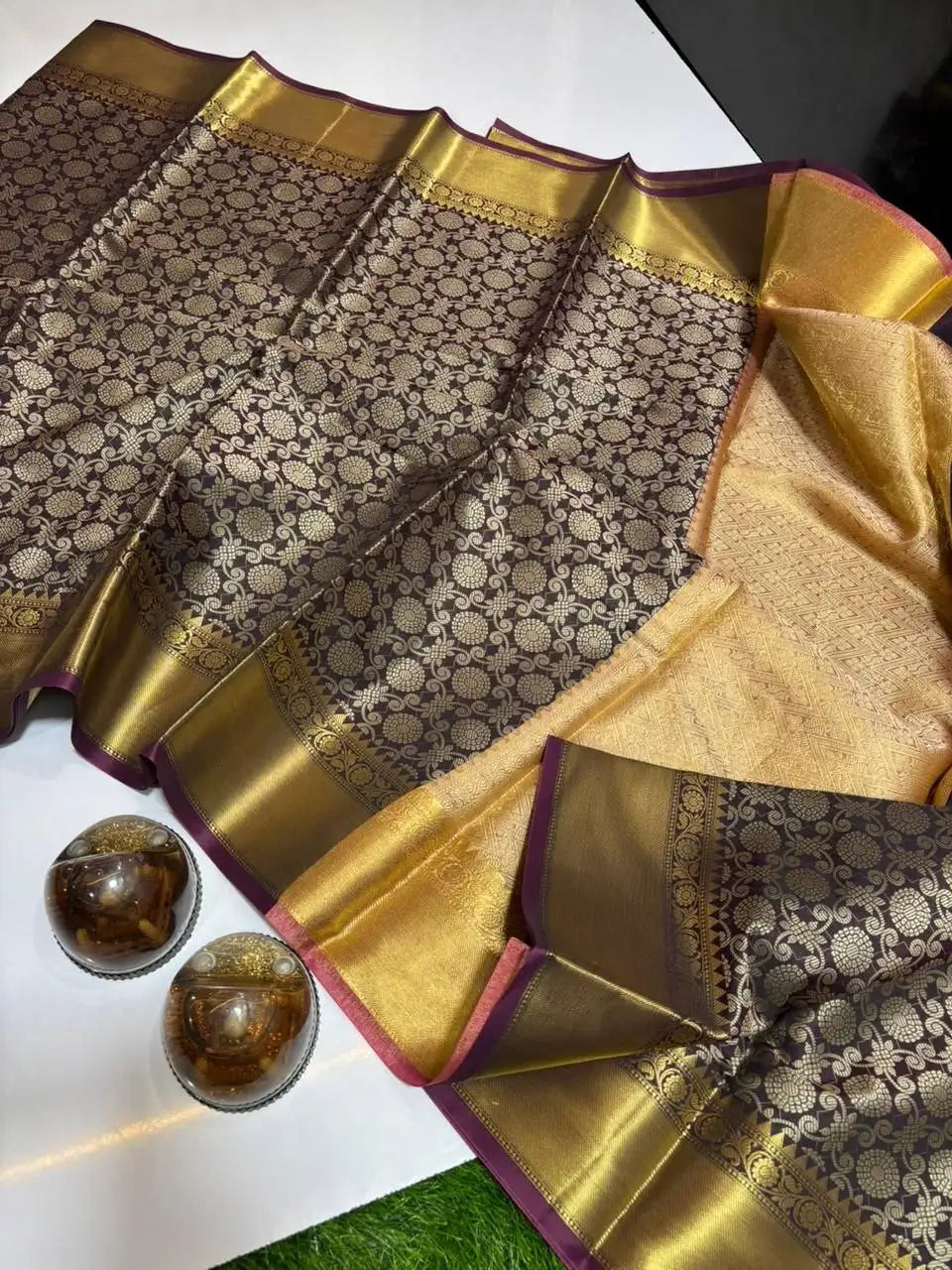 Full drape of wine Banarasi Kanjivaram silk saree with zari work