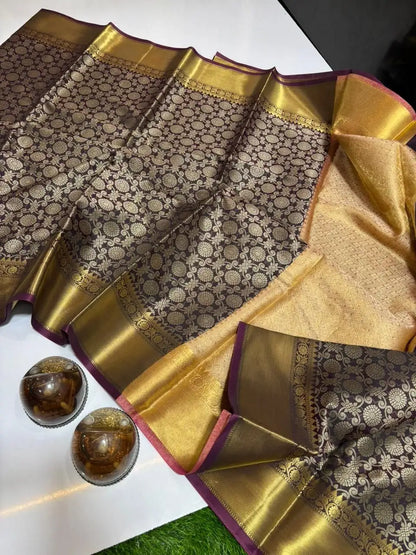 Full drape of wine Banarasi Kanjivaram silk saree with zari work