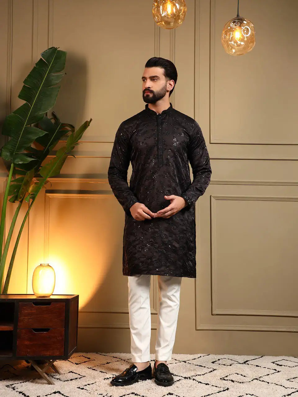 Men’s Royal Silk Embroidery Sequence Kurta Pyjama Set – Festive & Wedding Wear Di. No. 126