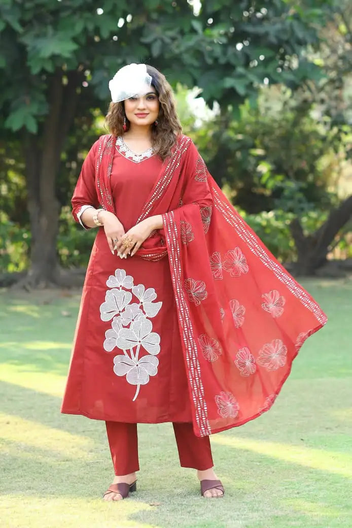  Women's maroon pure cotton A-line kurti pant dupatta set with embroidery work front view