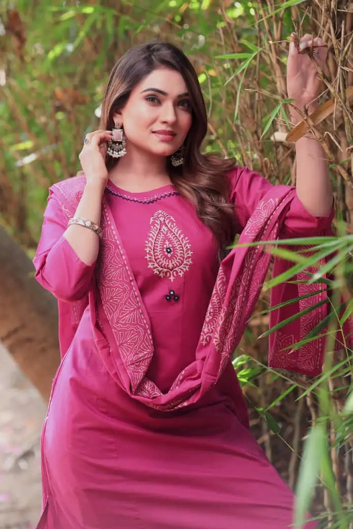 Women's Pure Cotton A-Line Kurti Pant Dupatta Set with Mirror Work - KR-396 Rouge