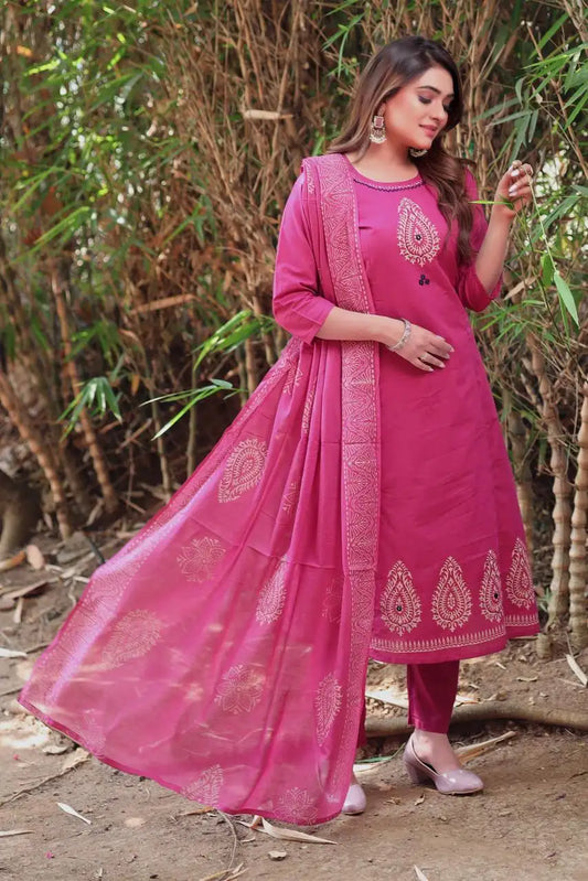 Women's Pure Cotton A-Line Kurti Pant Dupatta Set with Mirror Work - KR-396 Rouge