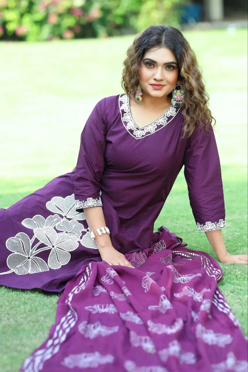 Close-up of embroidery work on wine  pure cotton A-line kurti

