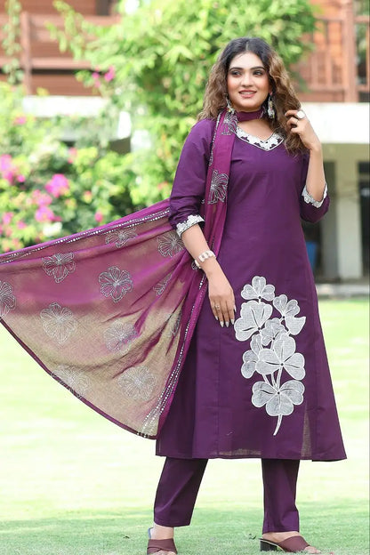  Women's wine pure cotton A-line kurti pant dupatta set with embroidery work front view