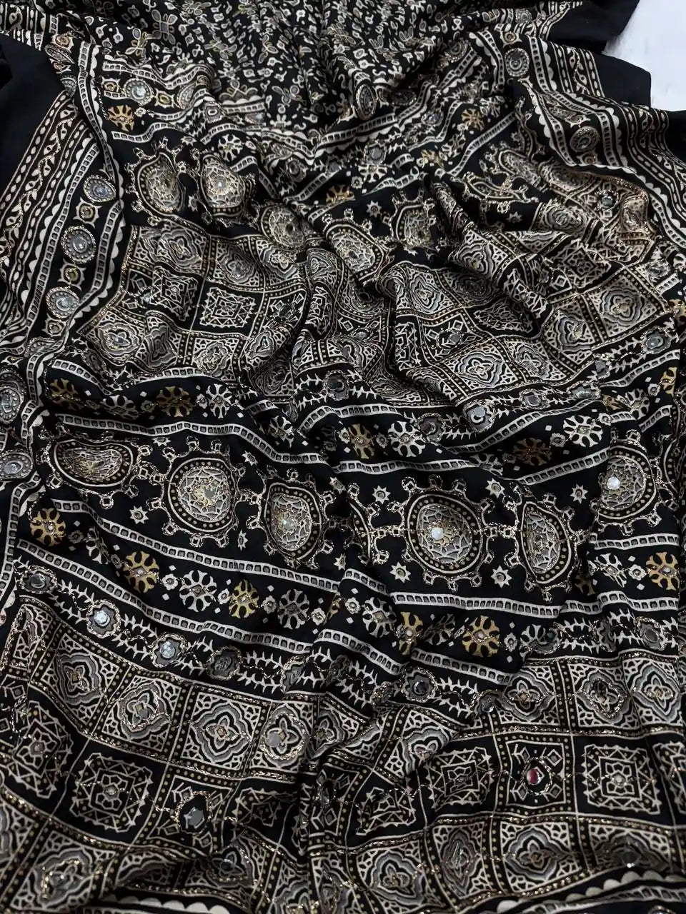 Women's Soft Crepe Silk Saree with Ajrakh Print & Real Mirror Work - NC-5554