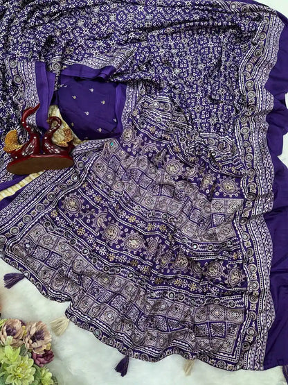 Women's Soft Crepe Silk Saree with Ajrakh Print & Real Mirror Work - NC-5554