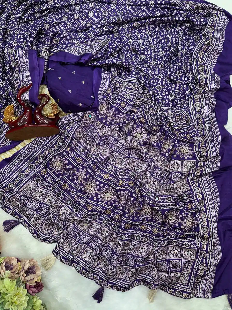 Women's blue soft crepe silk saree with Ajrakh print zari and real mirror work