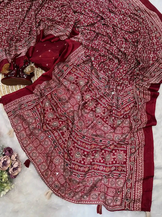 Women's Soft Crepe Silk Saree with Ajrakh Print & Real Mirror Work - NC-5554