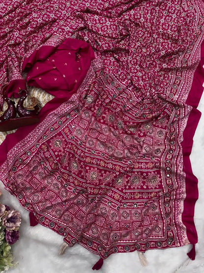 Women's rani soft crepe silk saree with Ajrakh print zari and real mirror work