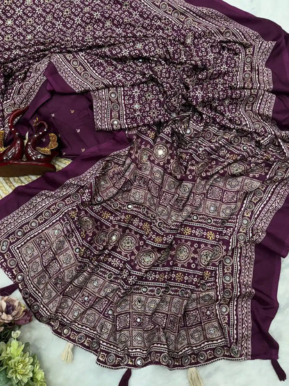 Women's Soft Crepe Silk Saree with Ajrakh Print & Real Mirror Work - NC-5554