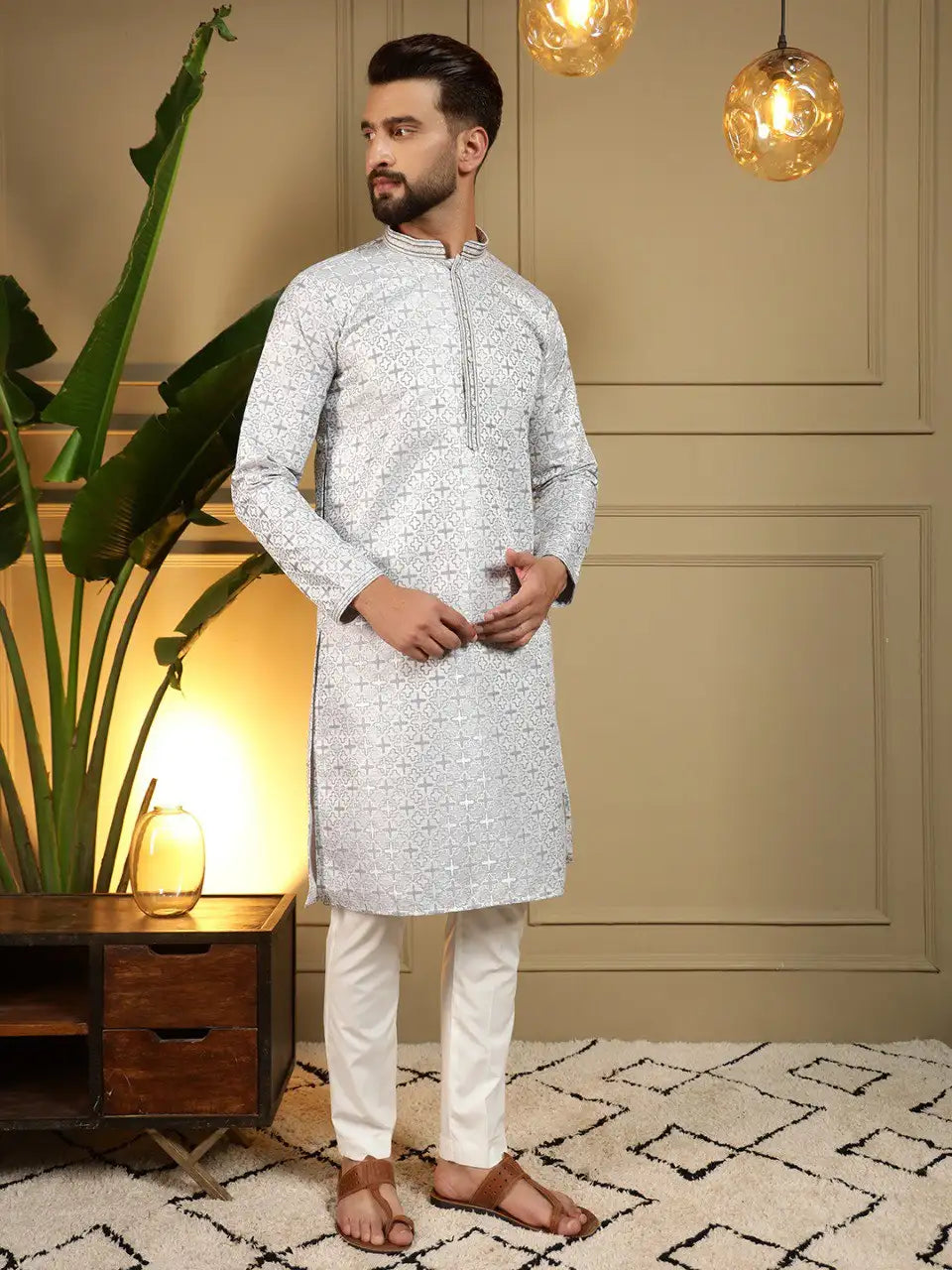 Men’s Heavy Jacquard Kurta Pyjama Set with Semi Cotton Chudidar – Festive & Wedding Wear