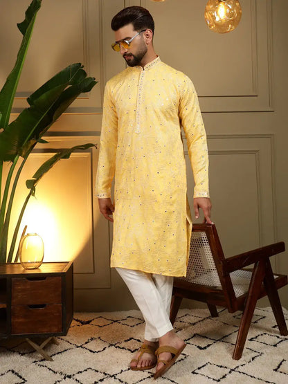 Men’s Heavy Khadi Cotton Embroidery Mirror Work Kurta Pyjama Set with Semi Cotton Chudidar – Festive & Wedding Wear Vantara-07