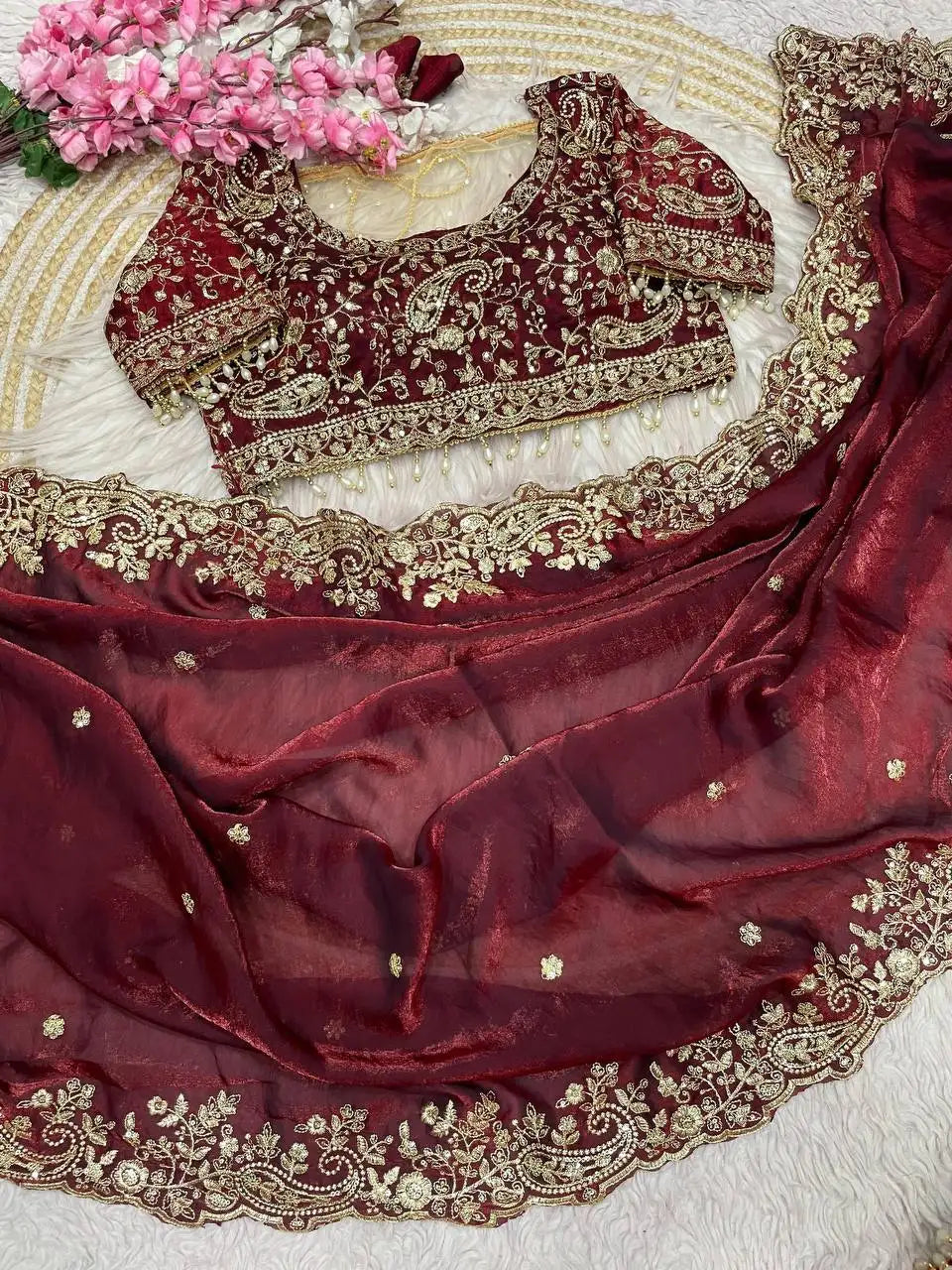 Premium Space Silk Mango Zari Work Saree with Stitched Blouse HF28