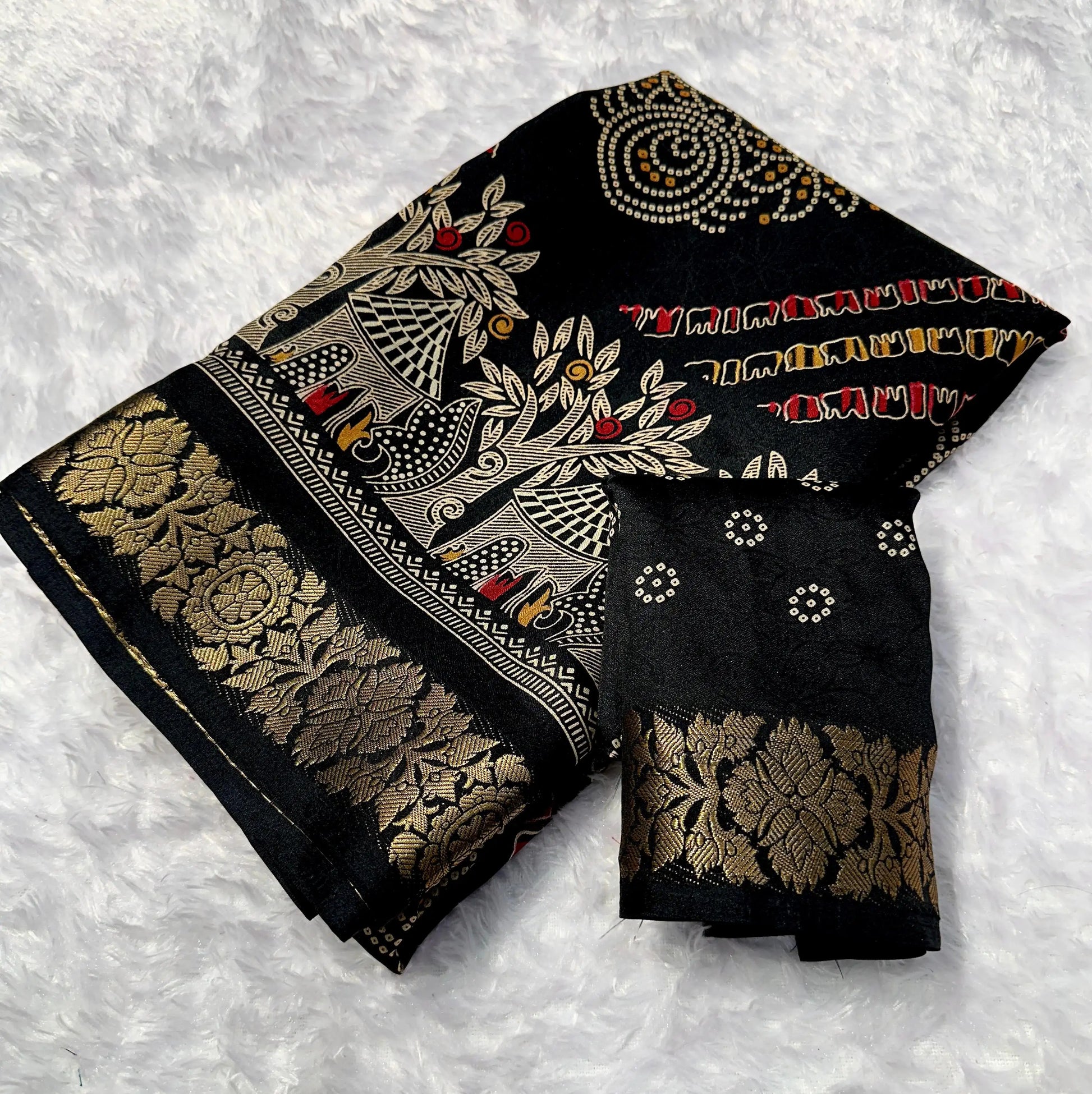 Women's black heavy marshmallow blooming saree with foil design and zari border front view
