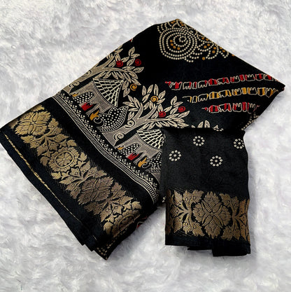 Women's black heavy marshmallow blooming saree with foil design and zari border front view

