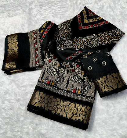 Close-up of 3-side zari weaving border on black marshmallow blooming saree
