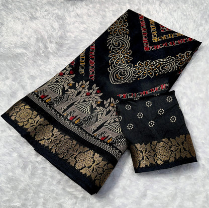 Foil design detail on black marshmallow blooming saree
