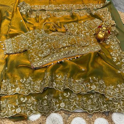 Premium Space Silk Mango Zari Work Saree with Stitched Blouse HF28