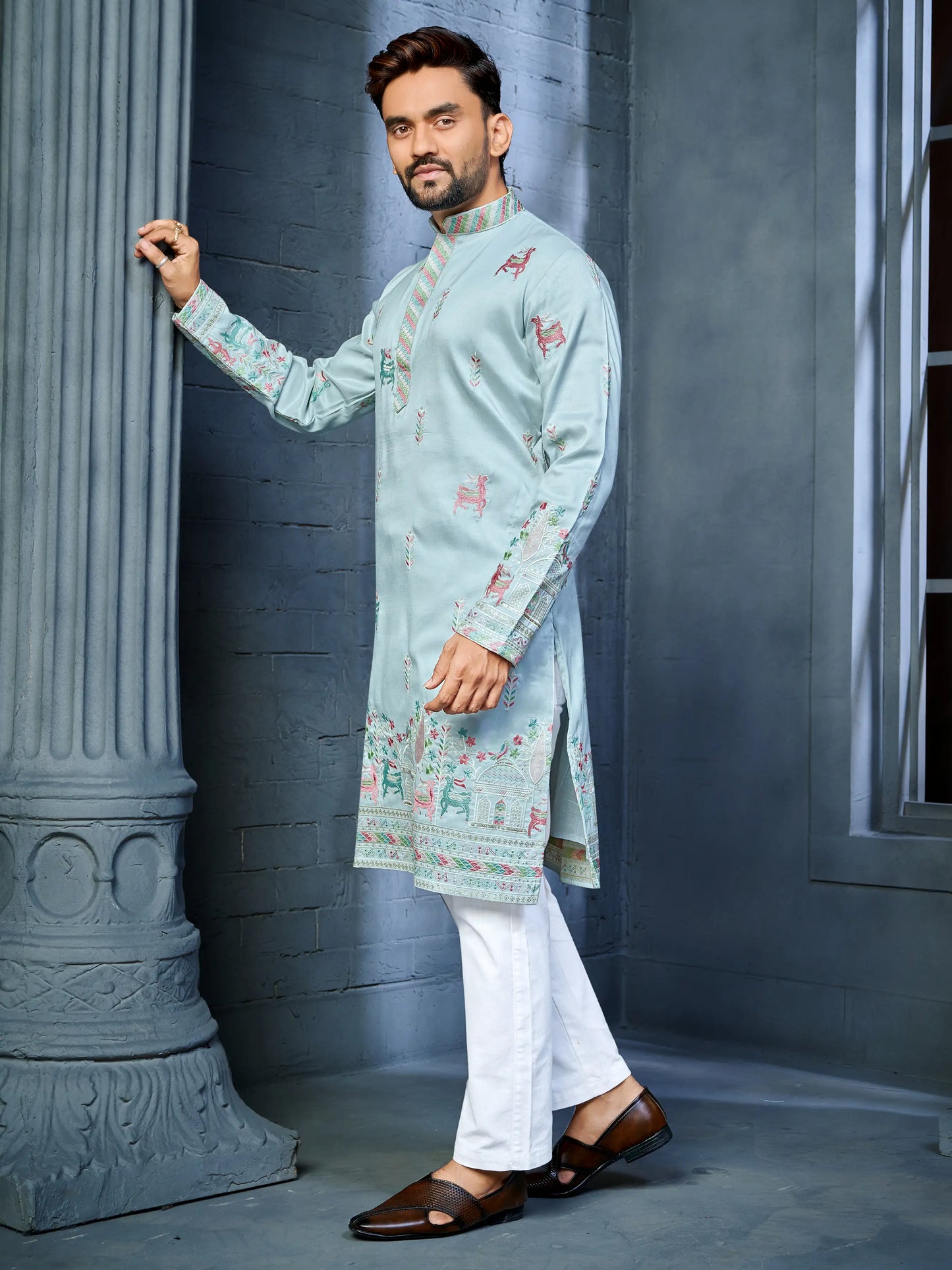 Men's aqua soft silk daaman kurta with deer embroidery pattern
