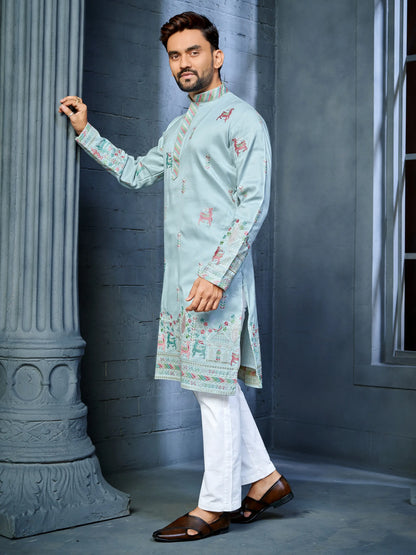 Men's aqua soft silk daaman kurta with deer embroidery pattern

