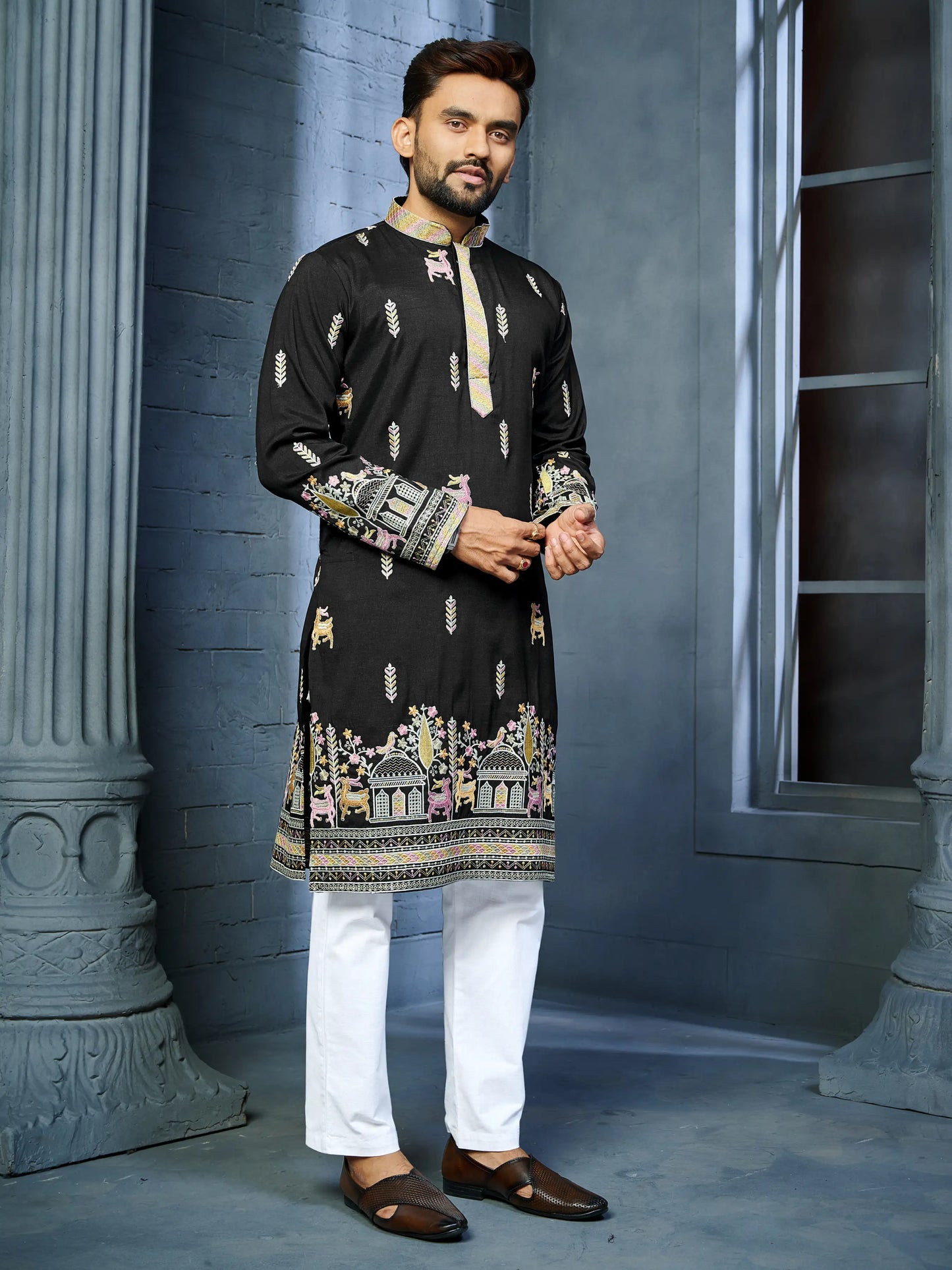 Men's black soft silk daaman kurta with deer embroidery pattern