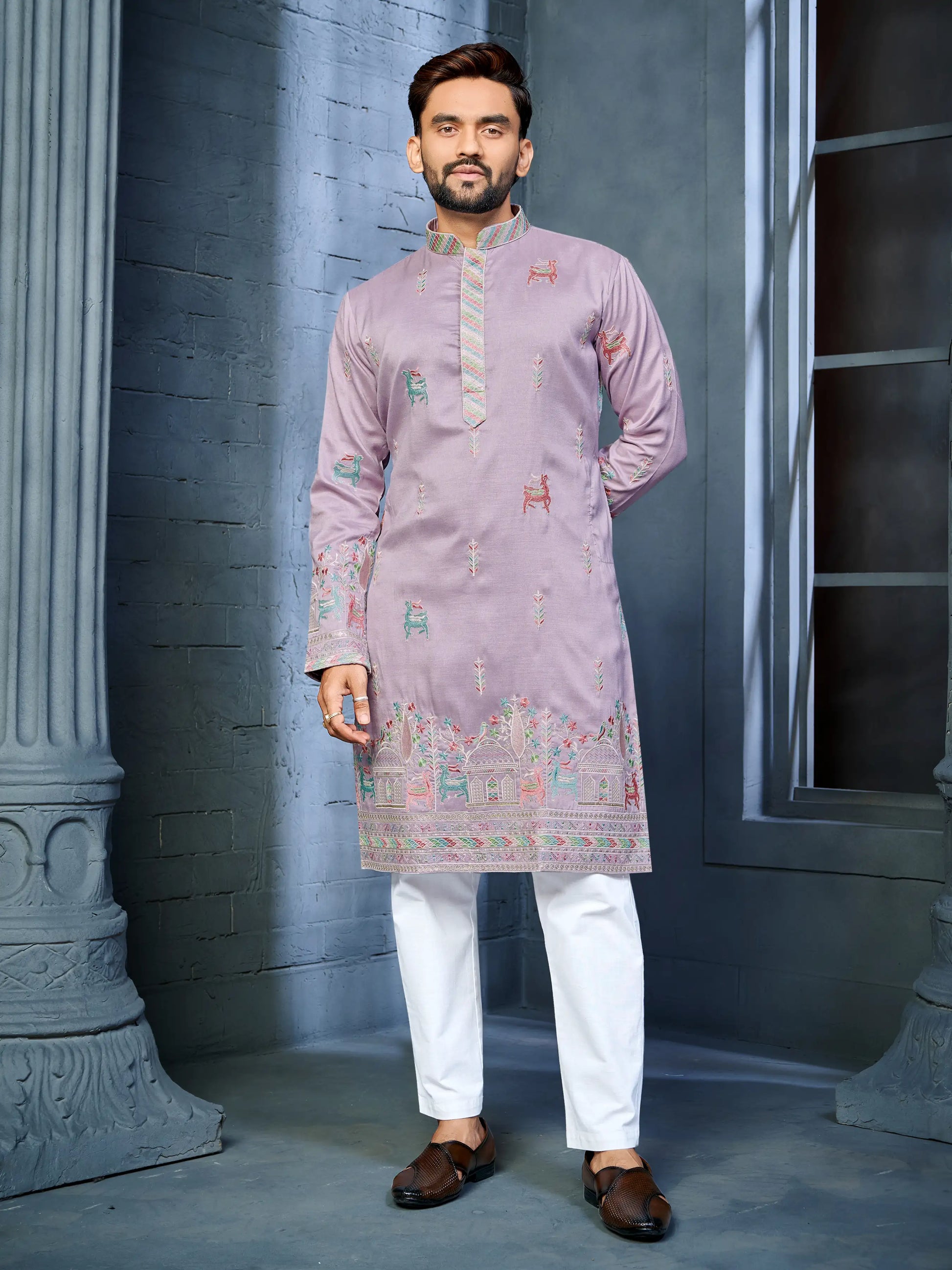  Men's lavender soft silk daaman kurta with deer embroidery pattern
