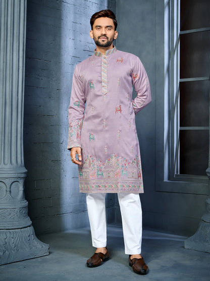  Men's lavender soft silk daaman kurta with deer embroidery pattern
