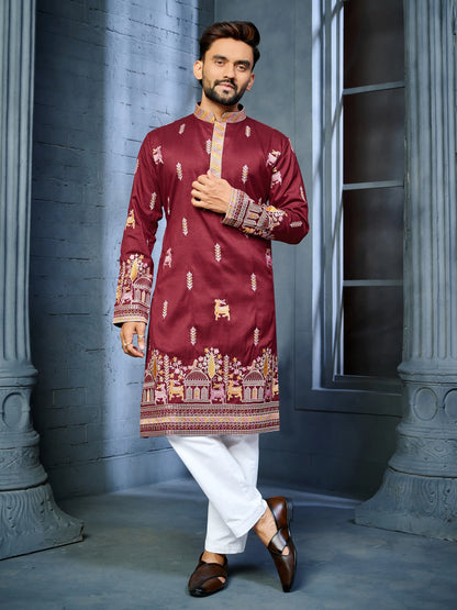 Men's maroon soft silk daaman kurta with deer embroidery pattern
