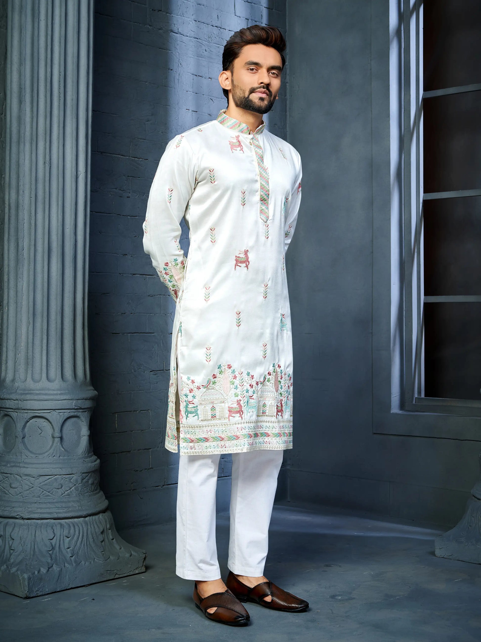  Men's off white soft silk daaman kurta with deer embroidery pattern
