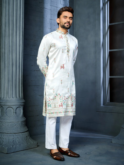  Men's off white soft silk daaman kurta with deer embroidery pattern
