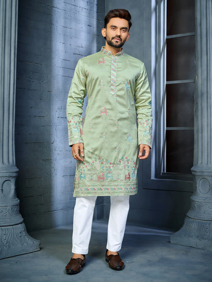 Men's pista green soft silk daaman kurta with deer embroidery pattern
