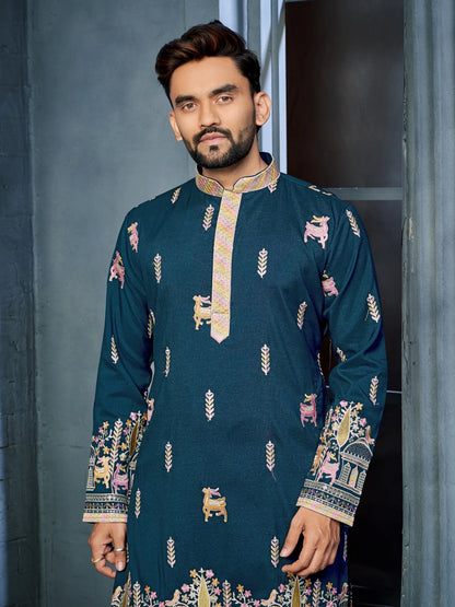 Close-up of deer pattern embroidery on teal blue daaman concept kurta
