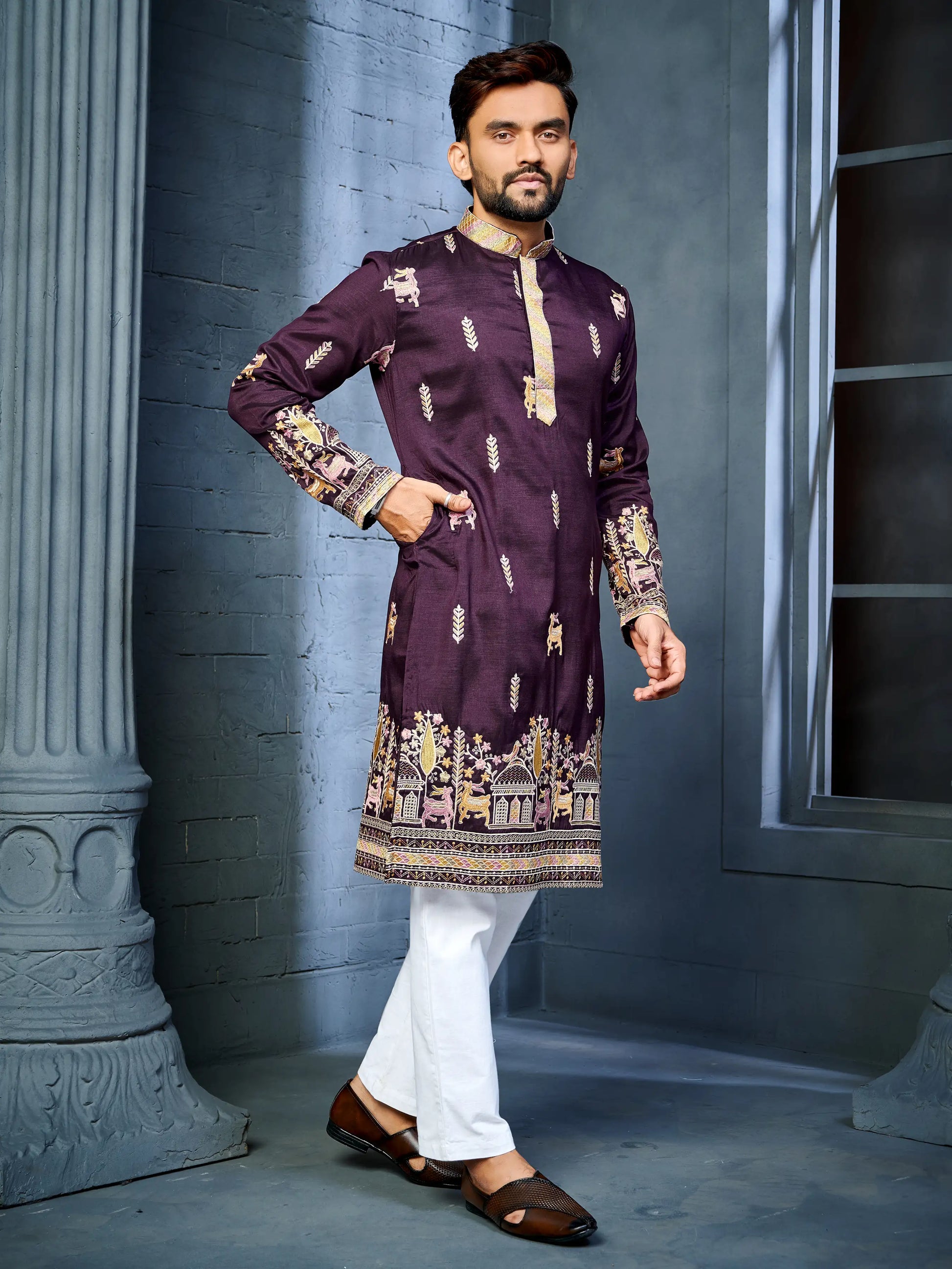 Men's wine soft silk daaman kurta with deer embroidery pattern
