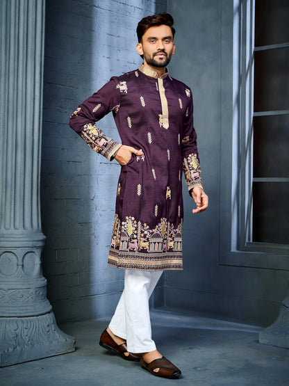 Men's wine soft silk daaman kurta with deer embroidery pattern
