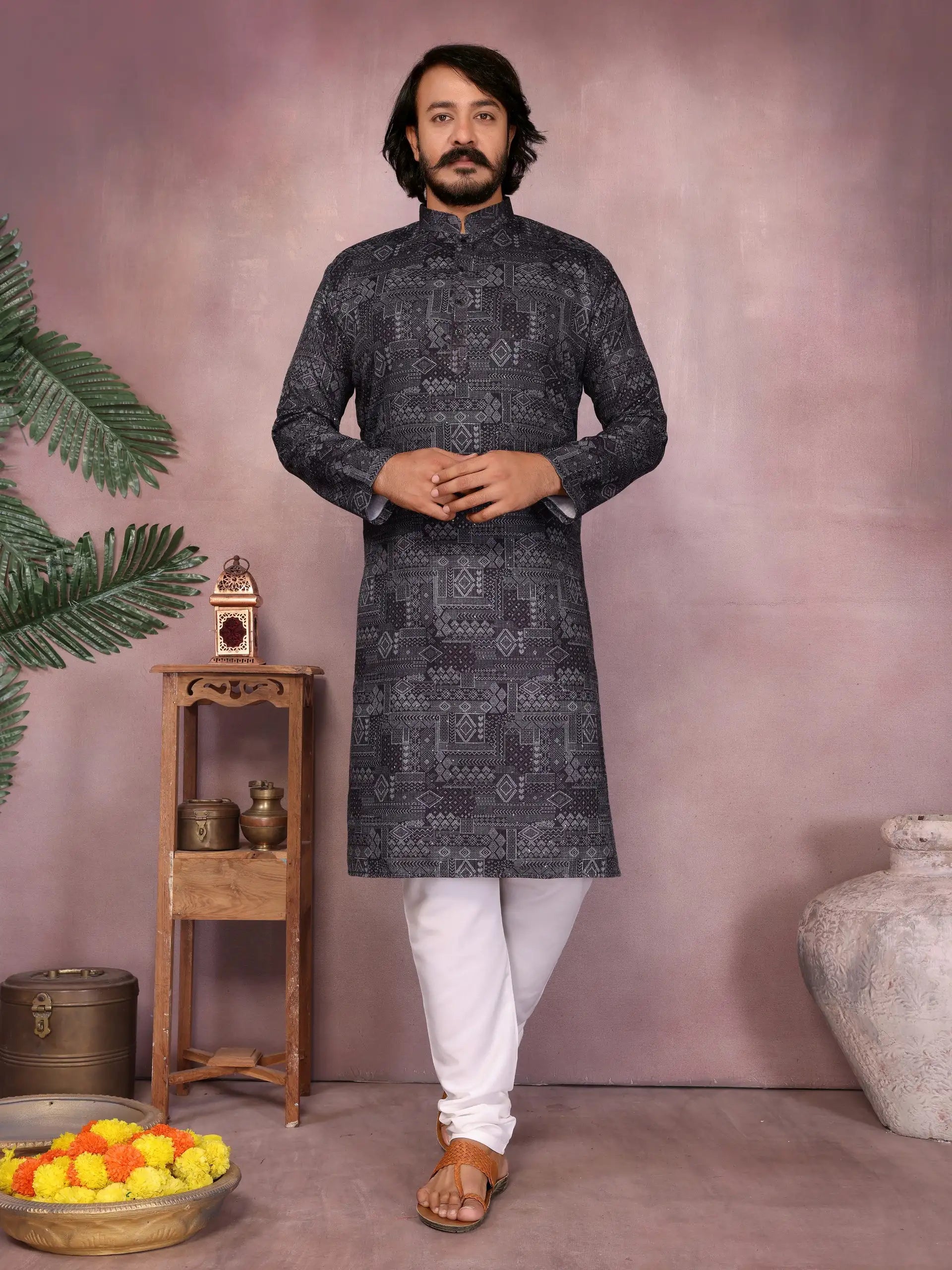 Men's grey cotton kurta with sequence work