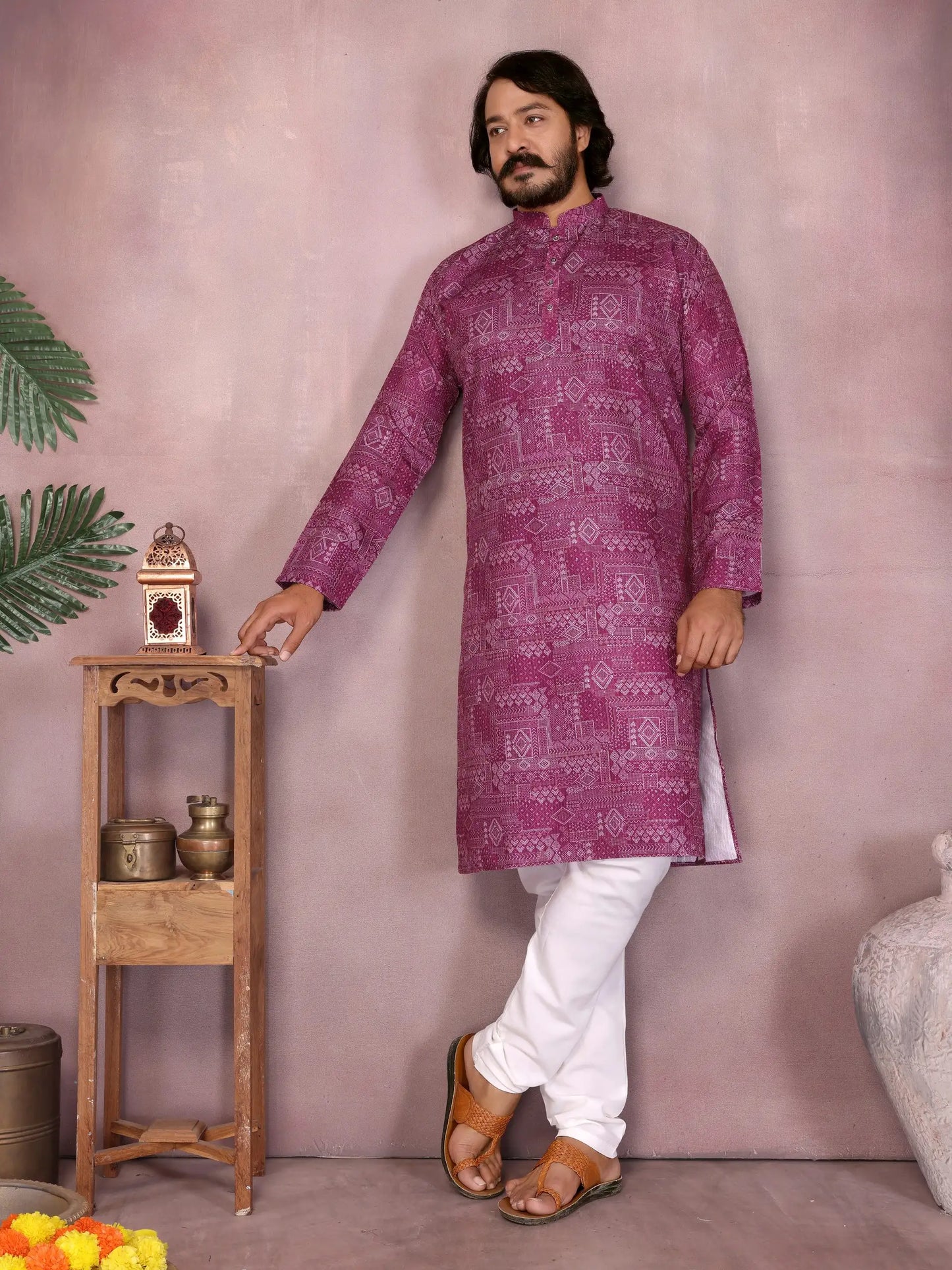 Men's dark rani pink cotton kurta with sequence work
