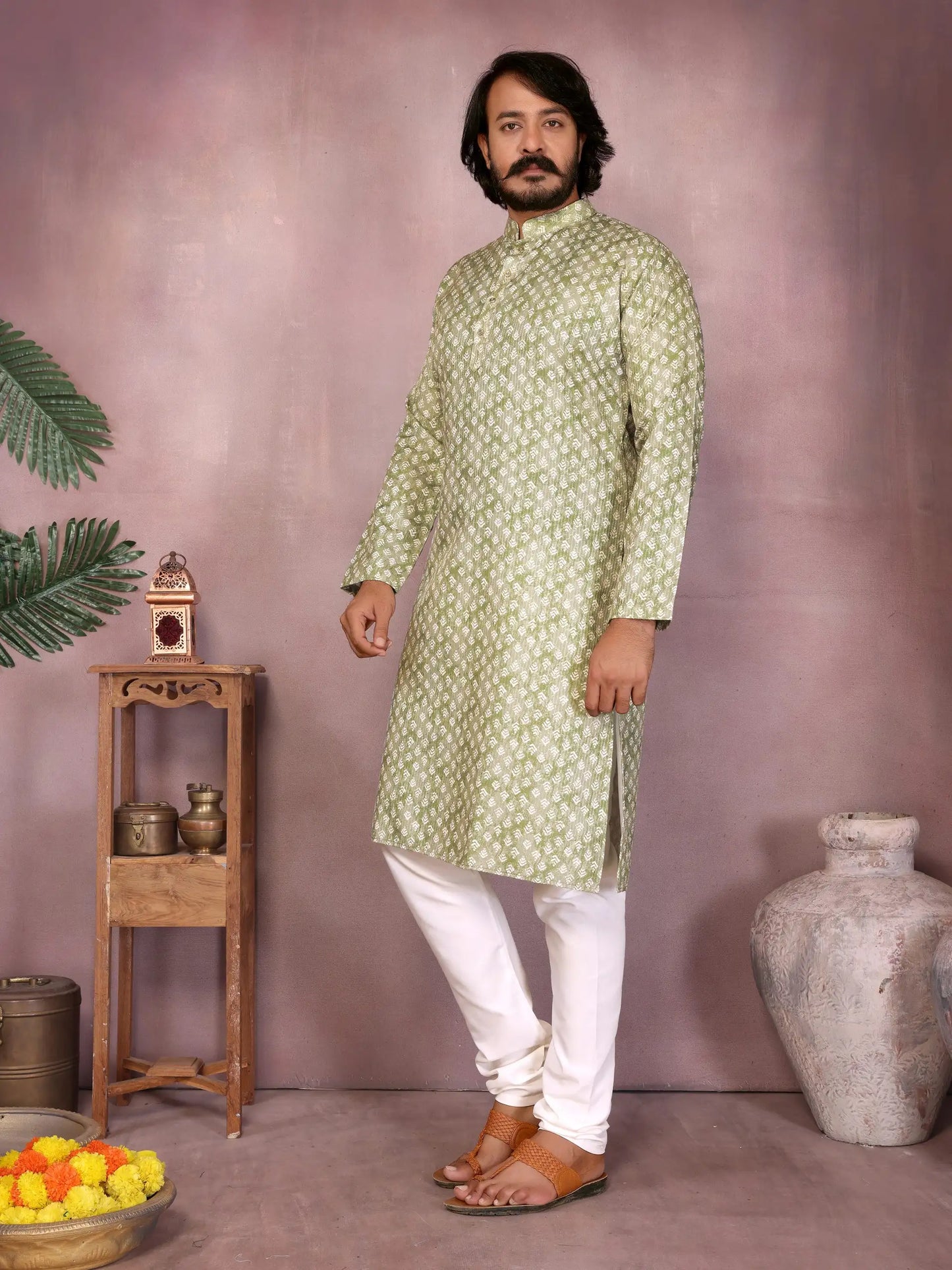 Men's sauf green cotton kurta with sequence work