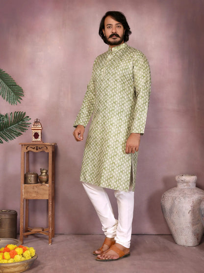Men's sauf green cotton kurta with sequence work
