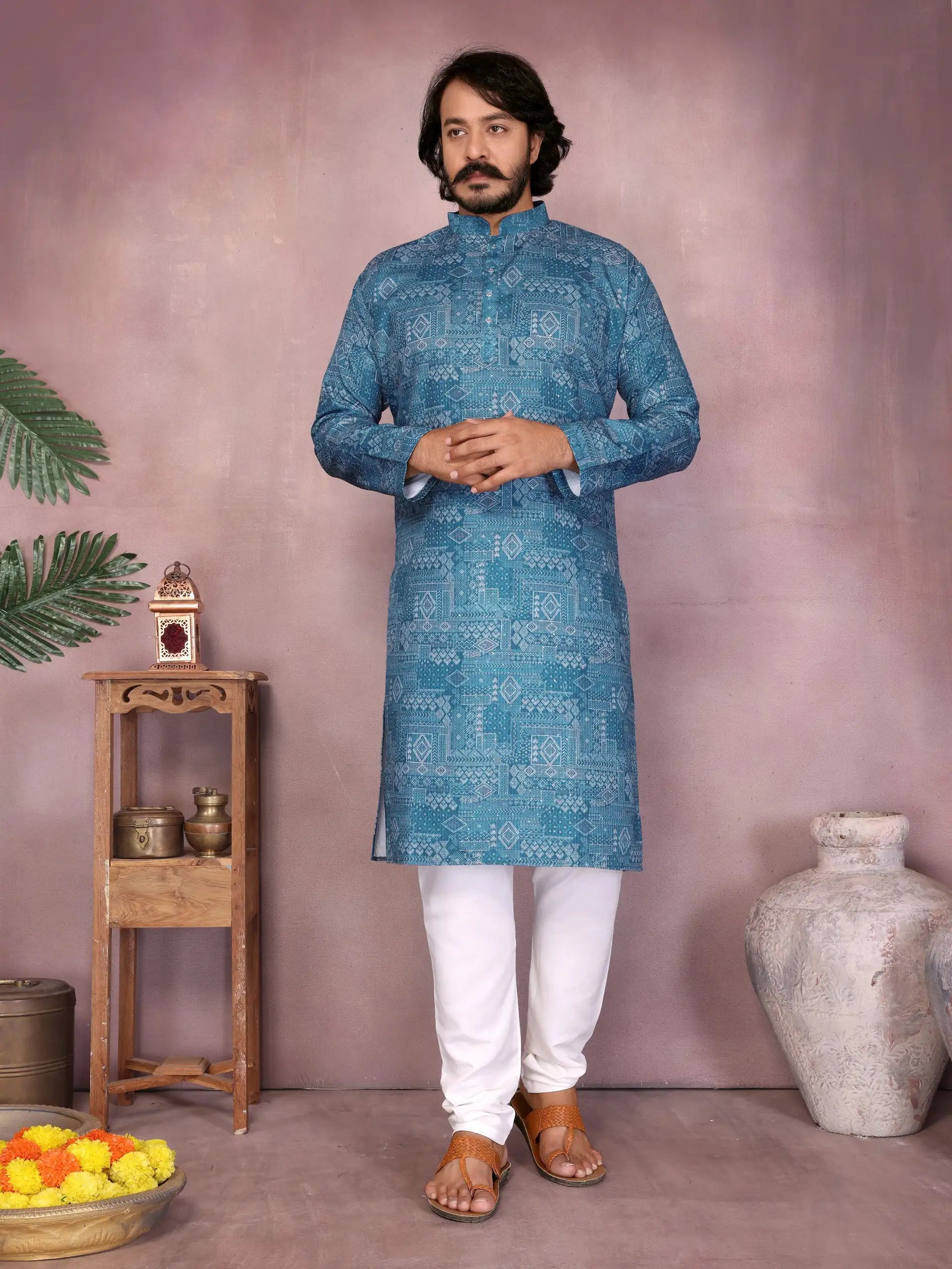 Men's heavy cotton kurta pyjama set with sequence work and print design for weddings and festivals available in multiple colors
