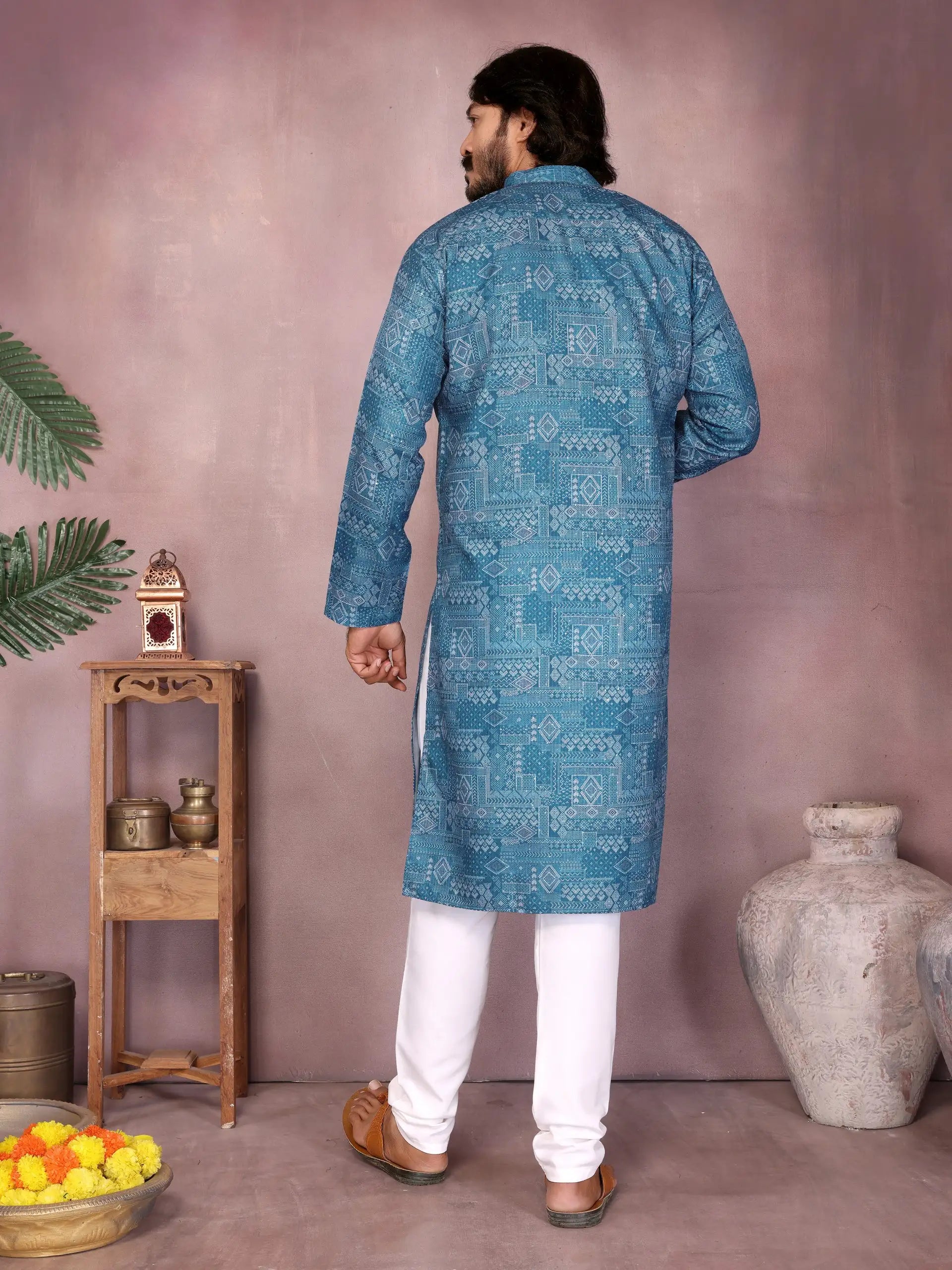 Sequence work detail on men's cotton kurta back
